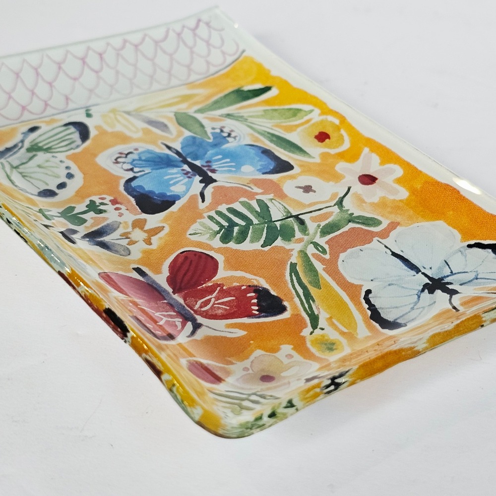 Butterfly Floral Glass Trinket Dish Yellow Rectangular Vanity Tray Decor - Picture 3 of 8